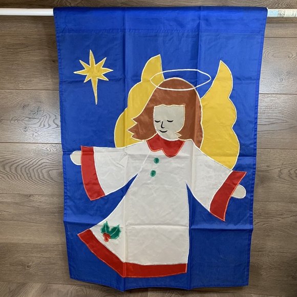 Christmas Angel Trumpet YARD Flag Red Blue 28x39 Nice Two Sided Vintage 1994 - Picture 1 of 3